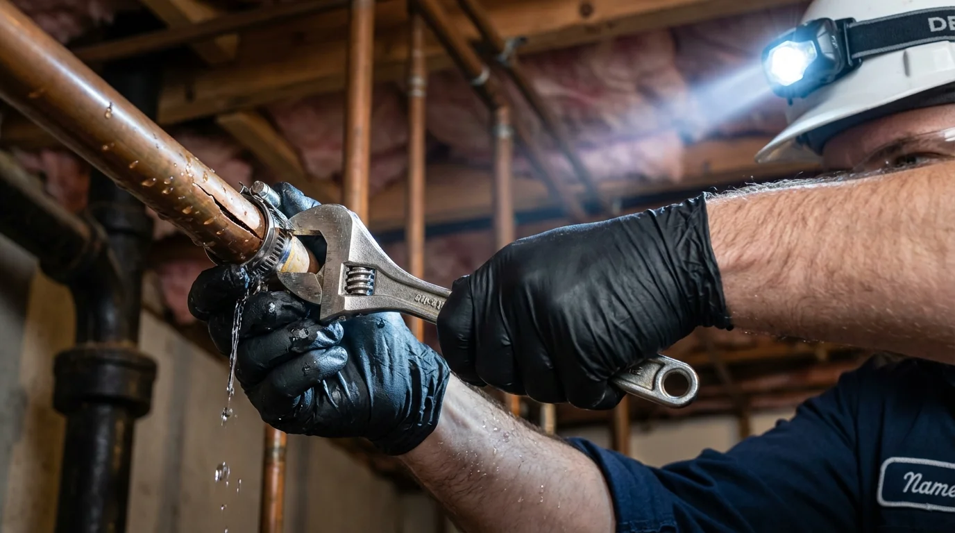 Emergency pipe clamp repair being performed by a Johns Plumbing LLC plumber in Hebron