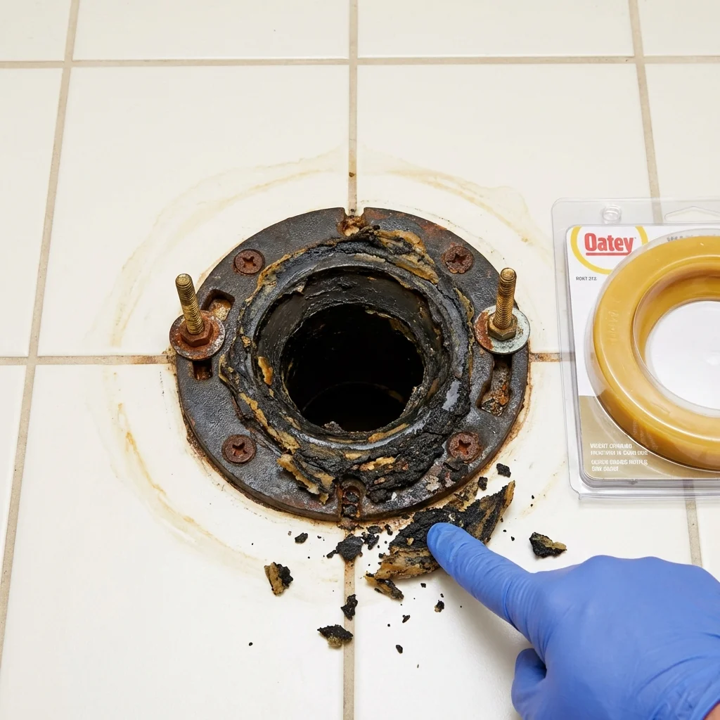 Failed wax ring showing water seepage at the base of a toilet in a Hebron, IL home