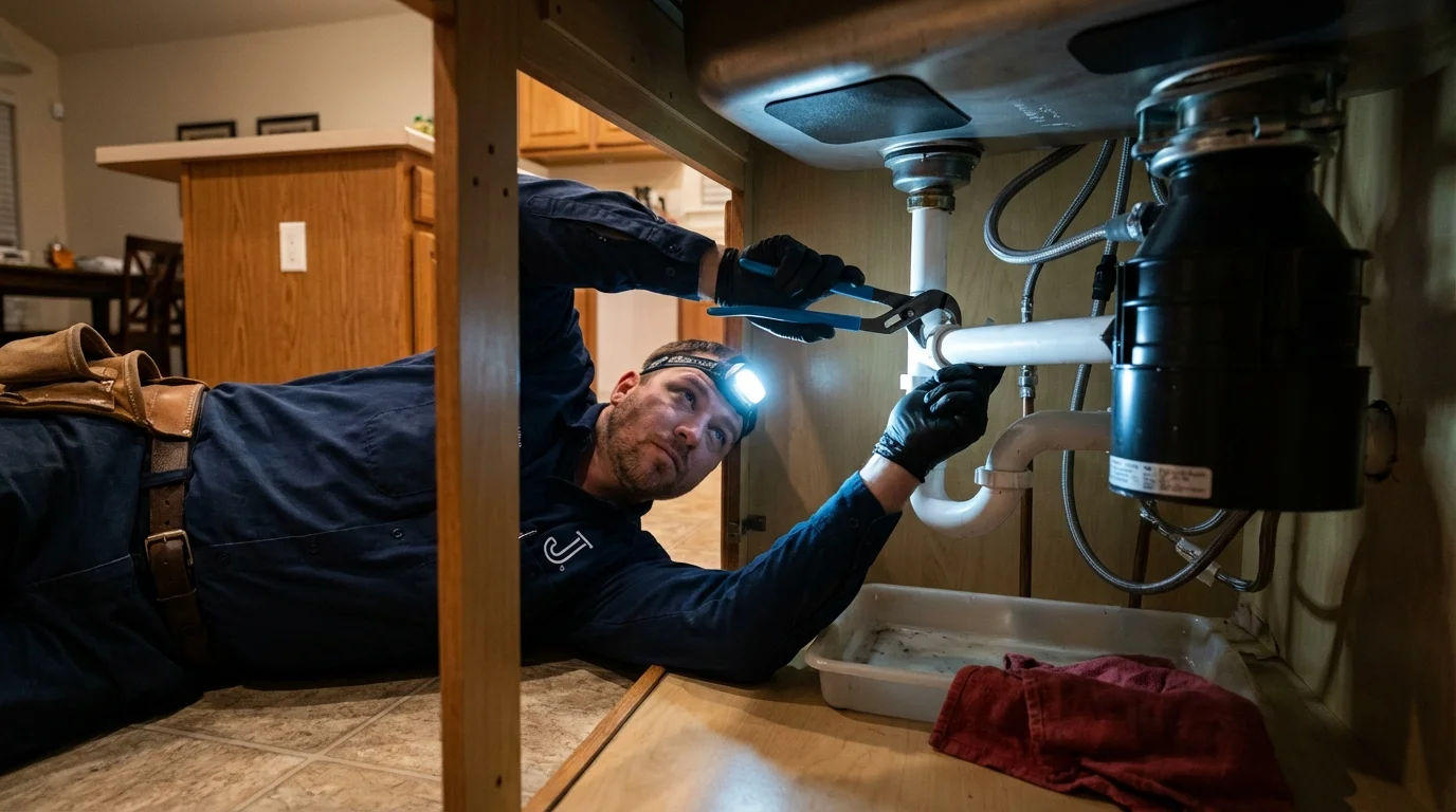 P-trap and supply line connections under a kitchen sink showing a common leak point in Hebron, IL